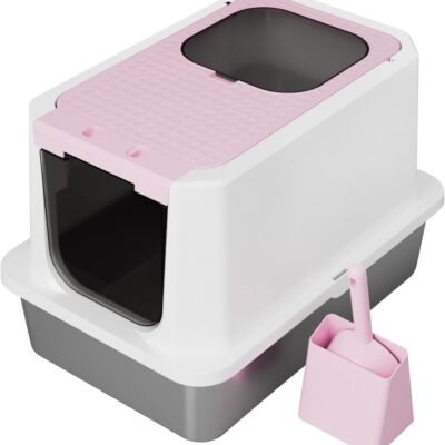 Enclosed Cat Litter Box: Extra Large Pink Litter Pan with Top Exit & Anti-Leak Design - Teflon Non-Stick Coating Stainless Steel Cleaning - Odor-Control in Garage Utility Room