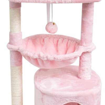 Small Cat Tree for Indoor Cats, Cat Tower with Scratching Post, Modern Cat House with Padded Perch, Kittens Condo with Cradle, Cat Cave, Pink