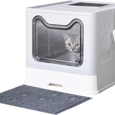 Cat Litter Box with Litter Mat and Scoop, Large Foldable Litter Box with Lid, Front Entry Top Exit Kitty Box, Odor Control, Easy to Clean (Grey)