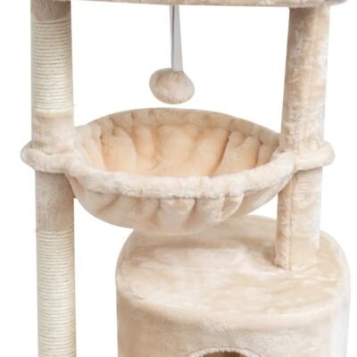 Small Cat Tree for Indoor Cats, Kittens Condo with Scratching Post and Board, Modern Activity Tower with Cradle, Beige