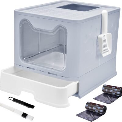 Top Entry Cat Litter Box With Lid - Enclosed Anti-Splashing Potty, Foldable Large Covered Toilet Pan, Cat Supplies With Scoop, Brush and Garbage Bag