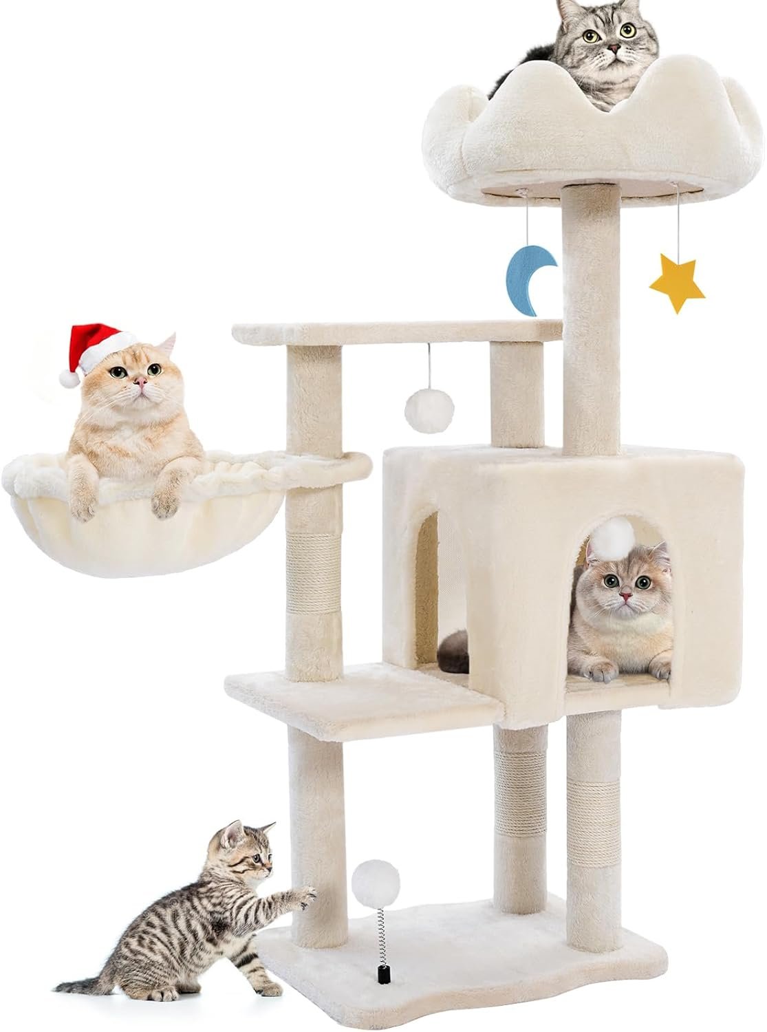 Cat Tree Tower with Metal Frame Hammock, 40'' Cat Trees for Indoor Cats Large Adult, Cat Towers with Scratching Post, Cats Condo Furniture with Cloud Top Perch, Cats Climbing Tower for Kittens(White)