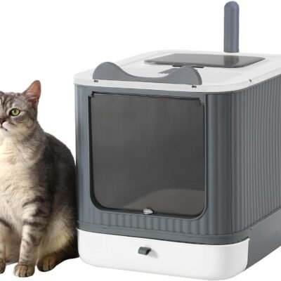 Foldable Cat Litter Box, Fully Enclosed Litter Box with Lid, Covered Kitty Kitten Litter Boxes Enclosure with Scoop, Odor Control, Easy to Clean, 3 Modes for Cat up to 12 lbs(White&Grey)