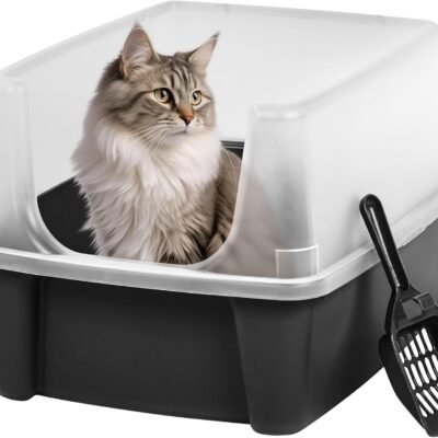 Large Cat Litter Box with Scatter Shield and Scoop, Open Top High Sided Cat Litter Pan, Black