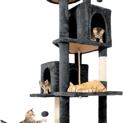 Large Cat Tree Tower Condo for Indoor Cats, Soft Plush Multi-Level Climbing Tree Cat House with 1 360° Rotating Cat Cave, Scratching Post, More Entrance/Exit, Sisal Rope, Grey Black