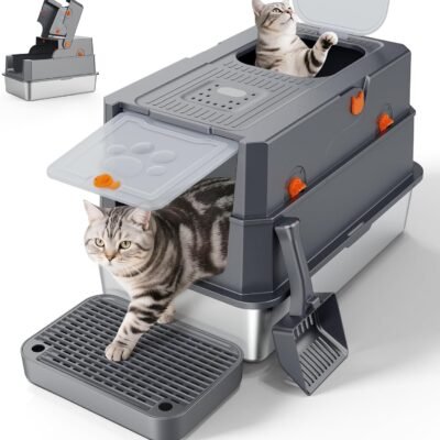 Stainless Steel Litter Box with Lid, Large Enclosed Cat Litter Box for Big Cats, Metal Cat Box with High Sided Enclosure & Scoop, Front & Top Entry, Odor Free, Anti-Leakage, Grey