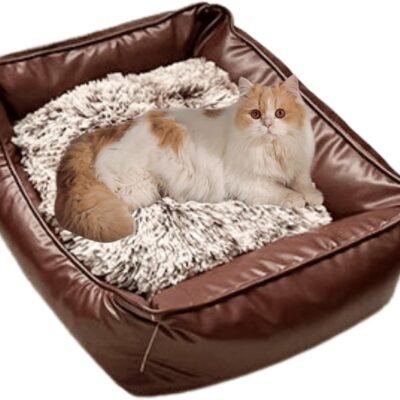 Pet Sofa Bed, Vintage Cat Dog Faux Leather Sofa with Non-Slip Bottom for Dogs Cats with Plush Cushions (Large)