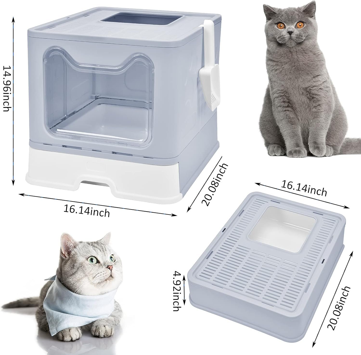 Top Entry Cat Litter Box With Lid - Enclosed Anti-Splashing Potty, Foldable Large Covered Toilet Pan, Cat Supplies With Scoop, Brush and Garbage Bag - Image 2