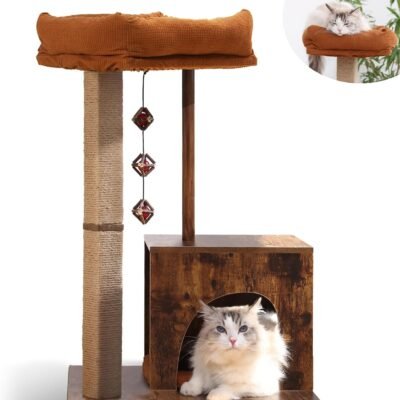 Cat Scratching Post, Modern Style Cat Tree with Unique Square Post, Wooden Cat Tower with silvervine Balls, Retro Cat Condo Scratcher for Indoor Cats（Solid Wood）