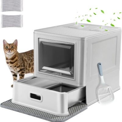 Enclosed Stainless Steel Cat Litter Box with Lid & Drawer Design for Indoor All Lifestyles Cats, Metal Covered Cat Litter Box, Baffles for Anti-Leakag, with Litter Scoop & Litter Mat