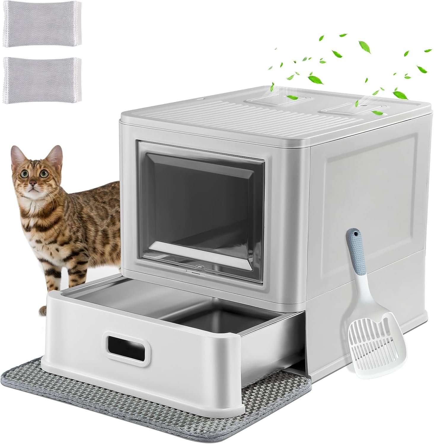 Enclosed Stainless Steel Cat Litter Box with Lid & Drawer Design for Indoor All Lifestyles Cats, Metal Covered Cat Litter Box, Baffles for Anti-Leakag, with Litter Scoop & Litter Mat