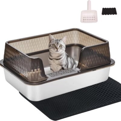 Medium Low Entry Enclosed Stainless Steel Cat Litter Box with lid Scoop and Pads Easy Clean Kitten Kitty Transparent Black Metal Litter Box