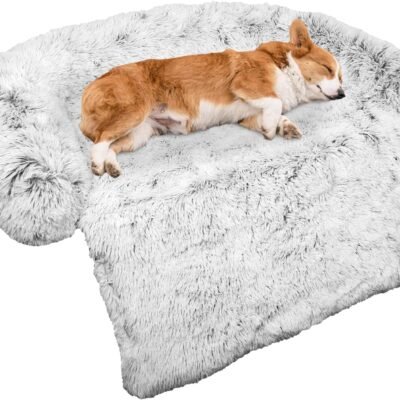 Calming Dog Bed Fluffy Plush Dog Mat for Furniture Protector with Removable Washable Cover for Large Medium Small Dogs and Cats (Medium, Light Grey)