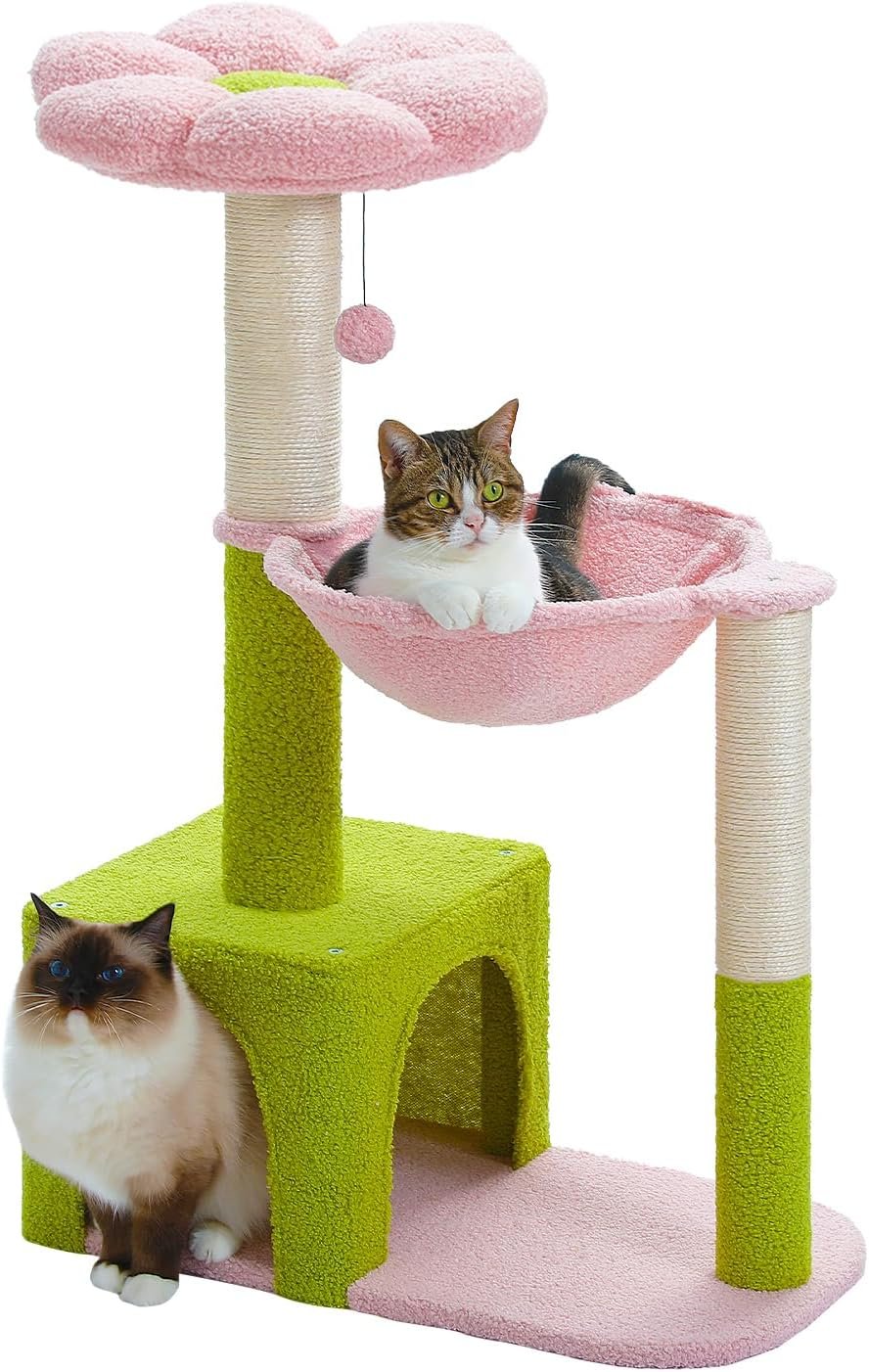 Flower Cat Tree with Large Metal Frame Hammock, 35" Cute Cat Tower with Sisal Scratching Posts for Small Indoor Cats, Cat Condo with Pink Top Perch for Kittens, Pink