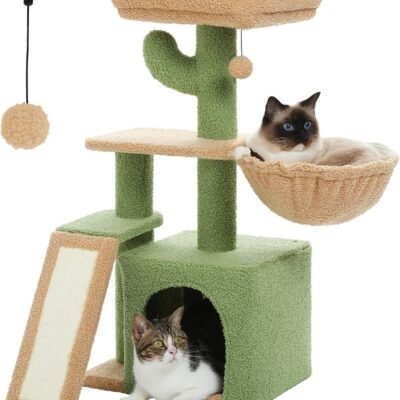 Cactus Cat Tree for Indoor Cats, 32'' Small Cat Tower Cat Condo with Sisal Scratching Ramp, Cozy Hammock and Removable Top Bed Perch for Kittens, Green