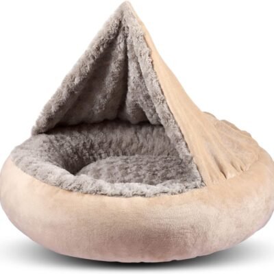 Small Dog & Cat Bed, 23'' Donut Pet Bed Mat with Hooded Blanket, Anti-Anxiety Burrow Cave Bed, Cozy Puppy Bed, Machine Washable, for Indoor Pets up to 20lbs