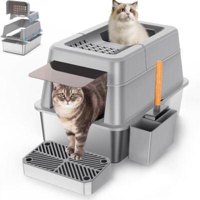 Stainless Steel Litter Box with Lid, XL Extra Large Enclosed Cat Litter Box Fits All Cats Modular Design with Flip Cover, Top Entry Metal High Sided Cat Box & Pedal & Scoop (Grey)