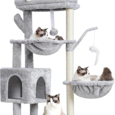 Cat Tree, 39.4 Inches Tower Condo with Scratching Post, Cat Tower for Indoor Cats, Fully Wrapped Sisal Pole, Soft Platform, 2 Baskets and Dangling Toy, Light Gray