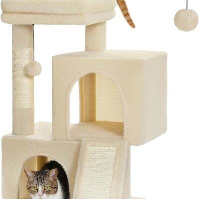 Cat Tree, 30 Inches Cat Tower with Dual Condos for Indoor Cats, Plush Cat House with Padded Perch, Scratching Ramp and Posts and Replaceable Balls-Beige