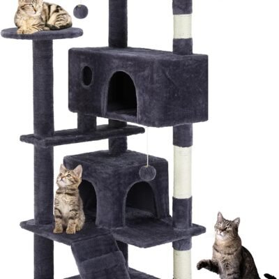 Indoor Cat Tree Tower –Multi-Level Pet House for Large Cats with 2 Condos, Scratching Posts, Round Platform, Small Ladder, and Toys – Perfect for Cats of All Ages, Dark Grey