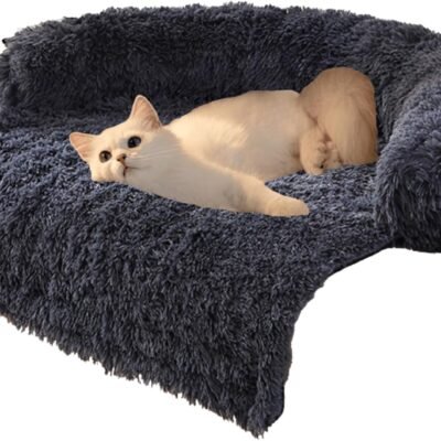Calming Dog Bed Fluffy Plush Dog Mat for Furniture Protector with Removable Washable Cover for Large Medium Small Dogs and Cats,Detachable and Washable (Dark Grey,Medium)