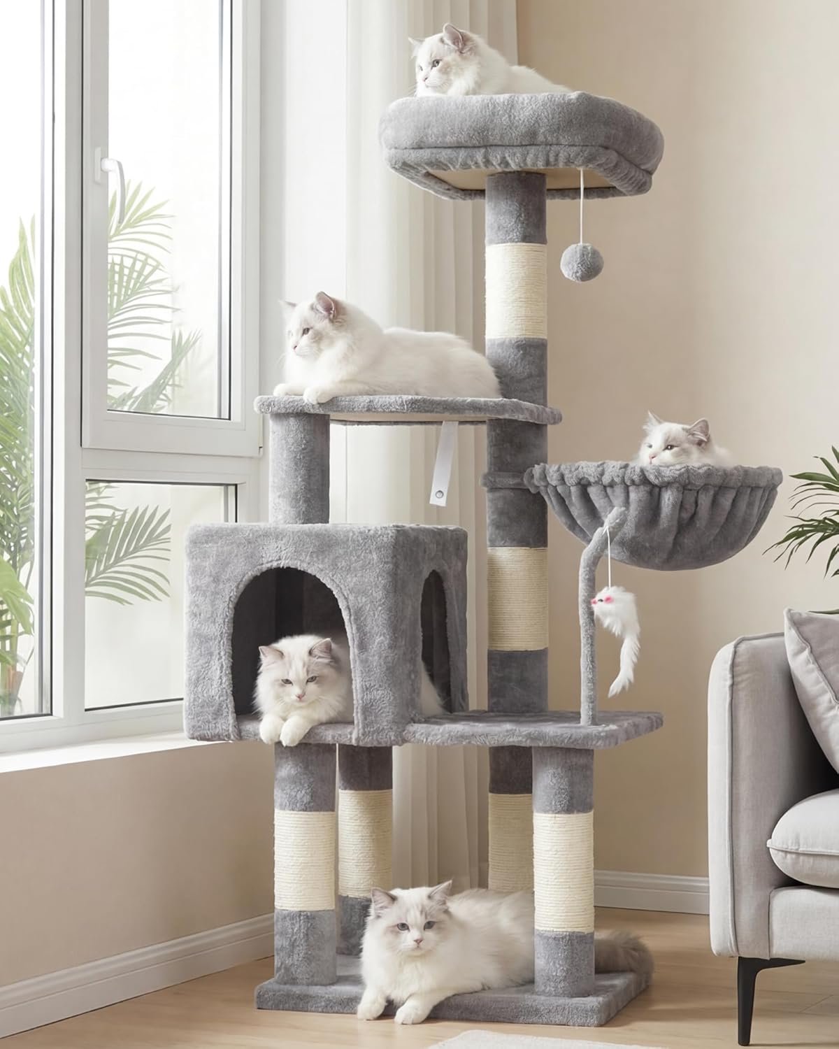Cat Tree with Toy, Cat Tower Condo for Indoor Cats, Cat House with Padded Plush Perch, Cozy Hammock and Sisal Scratching Posts, Light Gray
