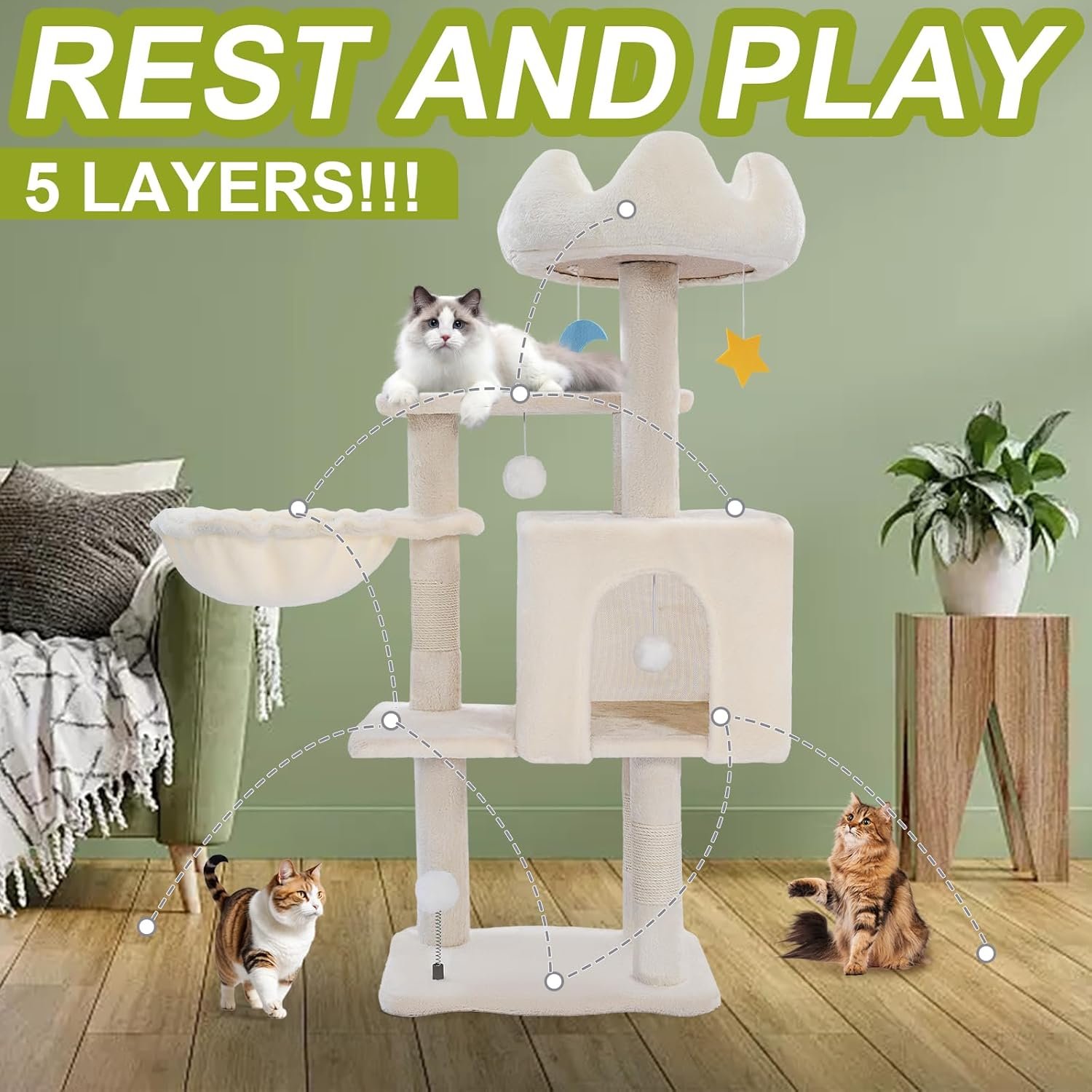 Cat Tree Tower with Metal Frame Hammock, 40'' Cat Trees for Indoor Cats Large Adult, Cat Towers with Scratching Post, Cats Condo Furniture with Cloud Top Perch, Cats Climbing Tower for Kittens(White) - Image 2