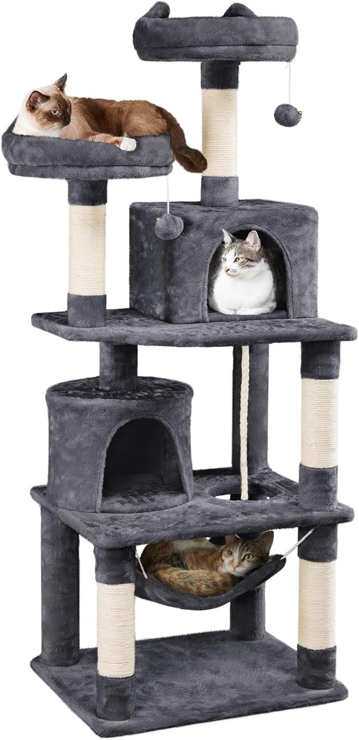 Cat Tree Cat Tower Cat Condo with Platform & Hammock, Scratching Posts for Kittens Pet Play House with Plush Perch for Indoor Activity Relaxing, Dark Gray