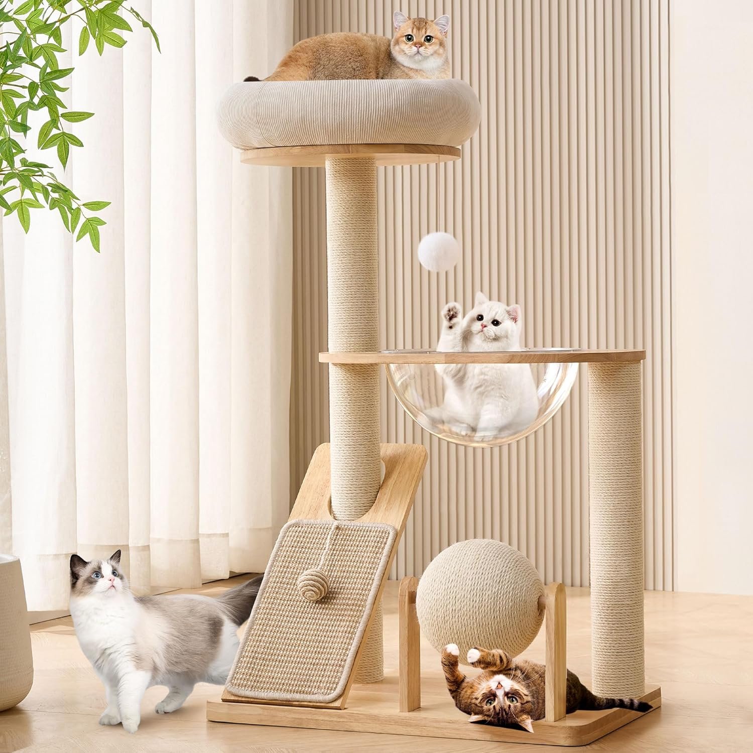 Solid Wood Cat Tree Tower with Scratching Post, 37.8 Inches Tall Cat Towers with Scratching Board and Scratcher Ball, Modern Cat Tower With Space Capsule and Removable Top Bed for Indoor Cats.