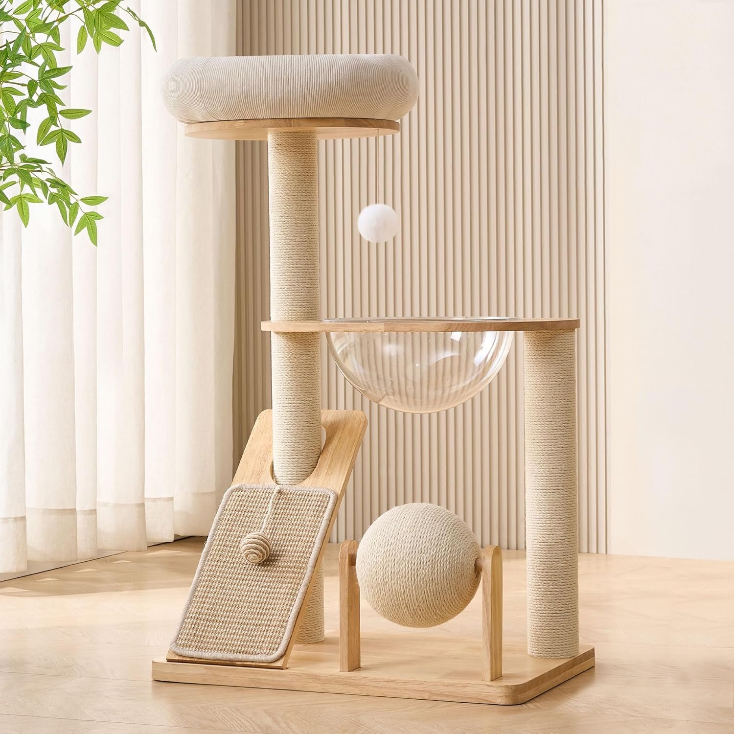 Solid Wood Cat Tree Tower with Scratching Post, 37.8 Inches Tall Cat Towers with Scratching Board and Scratcher Ball, Modern Cat Tower With Space Capsule and Removable Top Bed for Indoor Cats. - Image 2