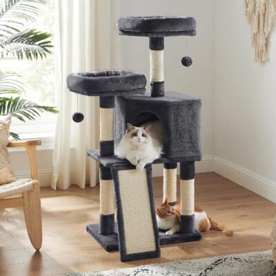 Cat Tree, 45.3-Inch Cat Tower, Plush Condo with Scratching Post, Ramp, Perch, Spacious Cave, for Small Space, Smoky Gray 1