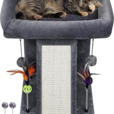 Cat Tree Tower with Cat Scratching Post for Indoor Cats, Activity Centre Climbing Tree with Scratching Board and Playful Toy Balls, Grey