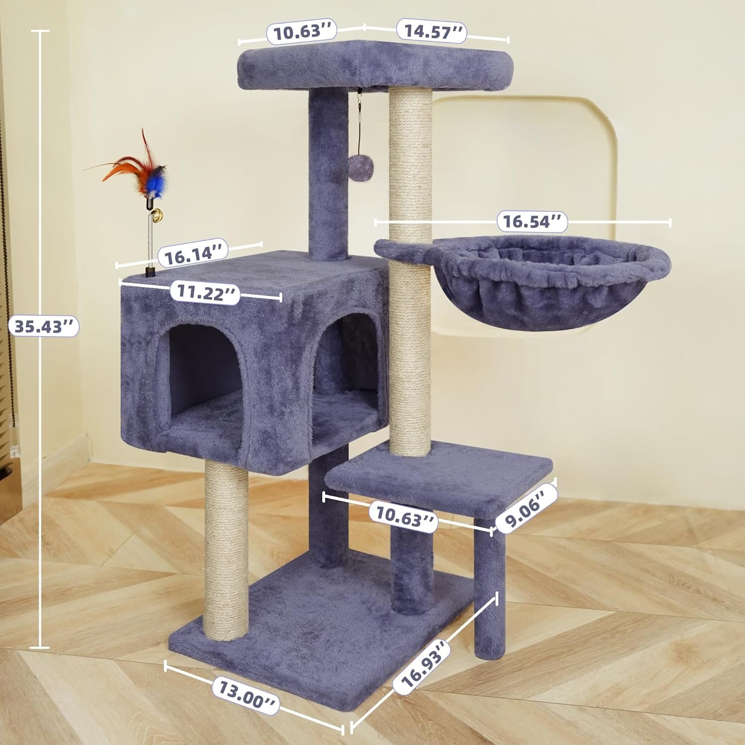 35.4'' Multifunction Cat Tree with Cozy Hammock & Hanging Ball, Cat Tower with Activity Cat Condo & Jute-Covered Scratching Posts, Grey - Image 2